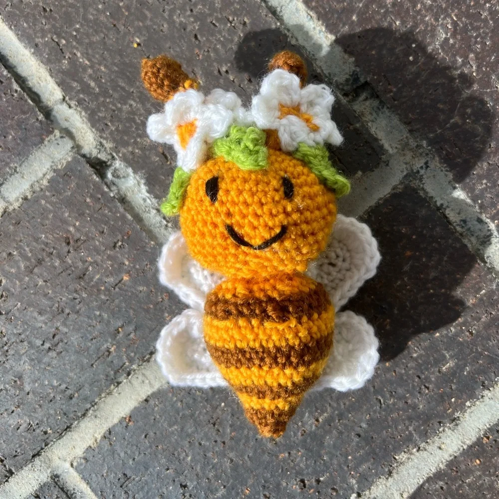 Hand Crocheted Flower Child Bumble Bee Stuffed Animal Plushie! - Picture 4 of 10